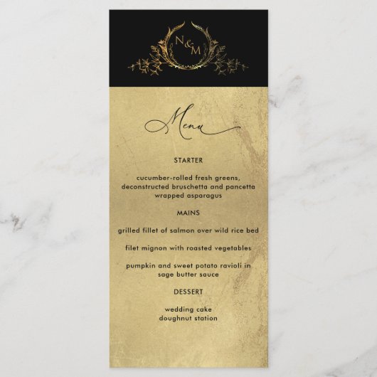 Elegant Faux Gold Foil Monogrammed Wedding Menu (Voorkant)