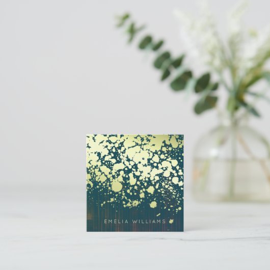 Elegant Faux Gold Foil Splatter Brushed Green Vierkante Visitekaartje (Staand voorkant)