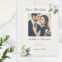 Elegant Faux Gold Frame White Floral Custom Photo Save The Date