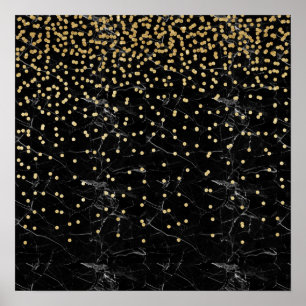 elegant faux gold glitter confetti zwarte marmer poster