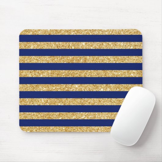 Elegant Faux Gold Glitter en Blue Stripe Pattern Muismat (Met muis)