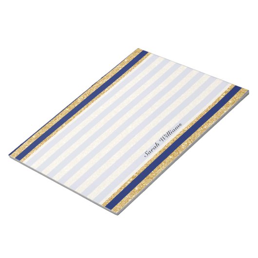 Elegant Faux Gold Glitter en Blue Stripe Pattern Notitieblok (Schuin)