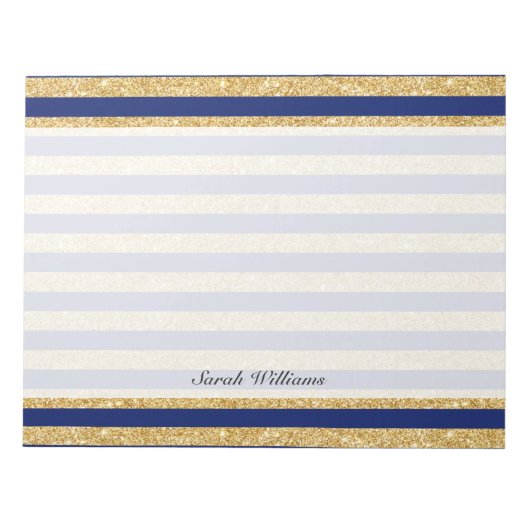 Elegant Faux Gold Glitter en Blue Stripe Pattern Notitieblok (Voorkant)