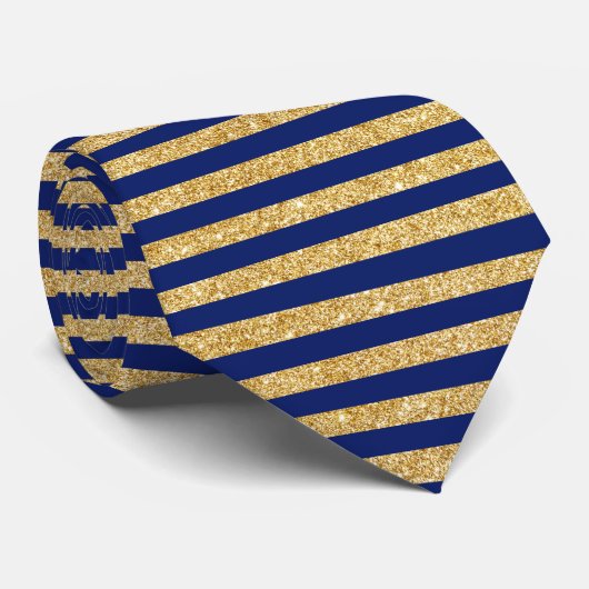 Elegant Faux Gold Glitter en Blue Stripe Pattern Stropdas (Opgerold)