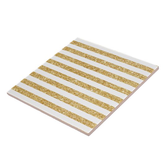 Elegant Faux Gold Glitter en White Stripe Pattern Tegeltje (Zijkant)