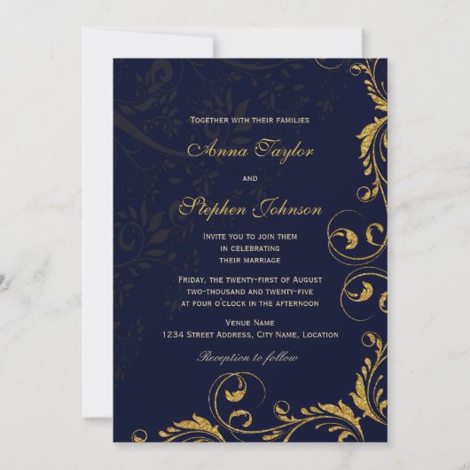 Elegant Faux Gold Glitter Floral Swirls Navy Blue Kaart (Voorkant)