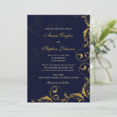 Elegant Faux Gold Glitter Floral Swirls Navy Blue Kaart (Staand voorkant)