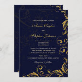 Elegant Faux Gold Glitter Floral Swirls Navy Blue Kaart (Voorkant / Achterkant)
