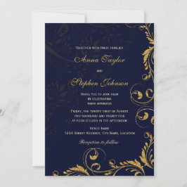 Elegant Faux Gold Glitter Floral Swirls Navy Blue Kaart
