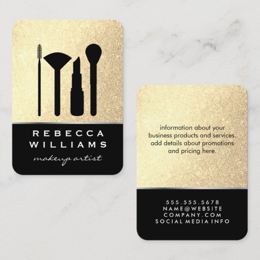 Elegant Faux Gold Glitter Makeup Set / zwart Visitekaartje (Voorkant / Achterkant)