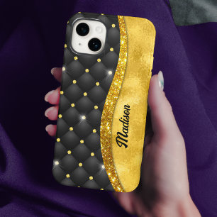 Elegant faux Gold glitter monogram zwarte diamant iPhone 15 Case