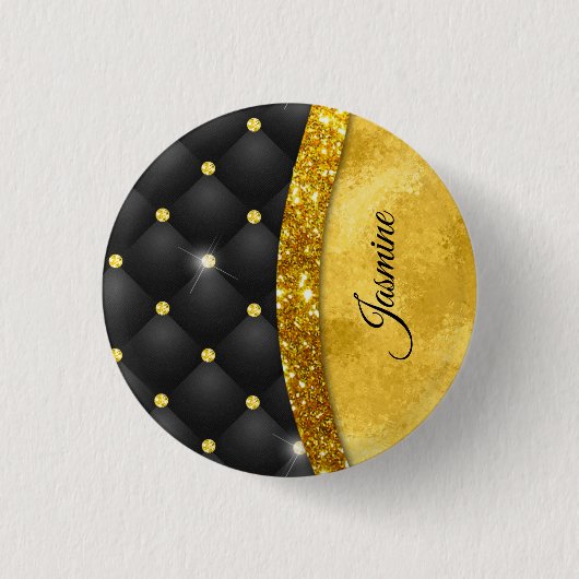 Elegant faux Gold glitter monogram zwarte diamant Ronde Button 3,2 Cm (Voorkant)