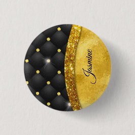Elegant faux Gold glitter monogram zwarte diamant Ronde Button 3,2 Cm