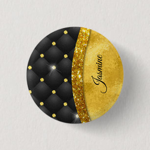 Elegant faux Gold glitter monogram zwarte diamant Ronde Button 3,2 Cm