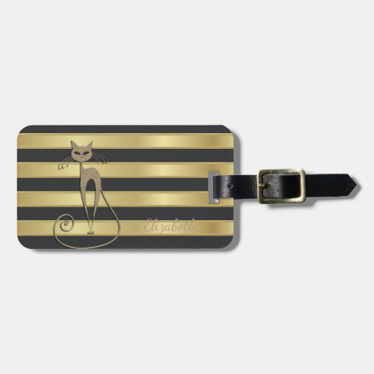 Elegant Faux Gold Glittery Cat Gold Stripe Bagagelabel (Voorkant horizontaal)