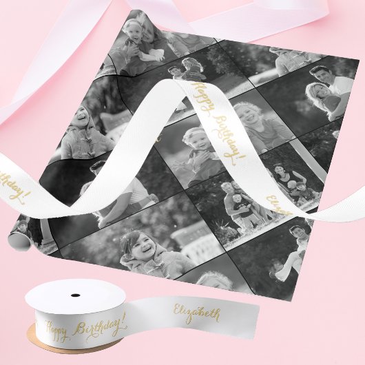 Elegant Faux Gold Happy Birthday Eigen naam Wit Satijnen Lint