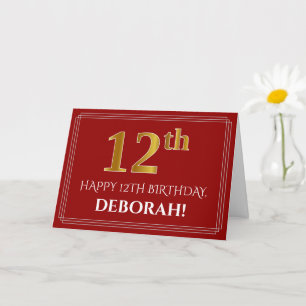 Elegant Faux Gold Kijk "12th" Birthday, naam (rood Kaart