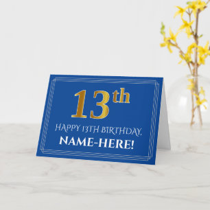 Elegant Faux Gold Kijk 13e verjaardag, naam (blauw Kaart