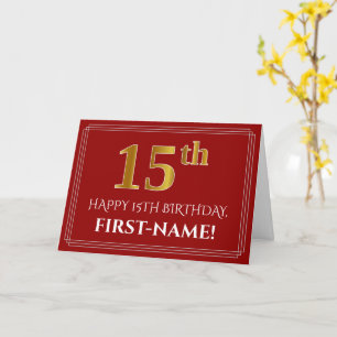 Elegant Faux Gold Kijk "15th" Birthday, naam (rood Kaart