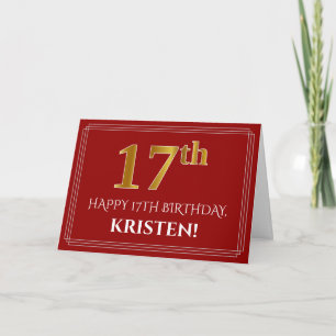Elegant Faux Gold Kijk "17th" Birthday, naam (rood Kaart