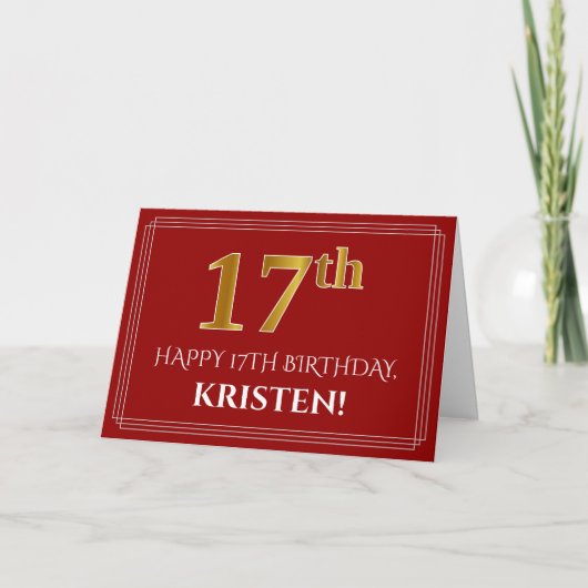 Elegant Faux Gold Kijk "17th" Birthday, naam (rood Kaart (Voorkant)