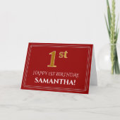 Elegant Faux Gold Kijk "1st" Birthday, naam (rood) Kaart (Voorkant)