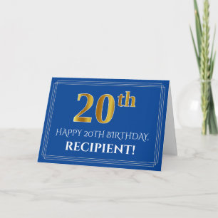 Elegant Faux Gold Kijk 20th Birthday, naam (blauw) Kaart