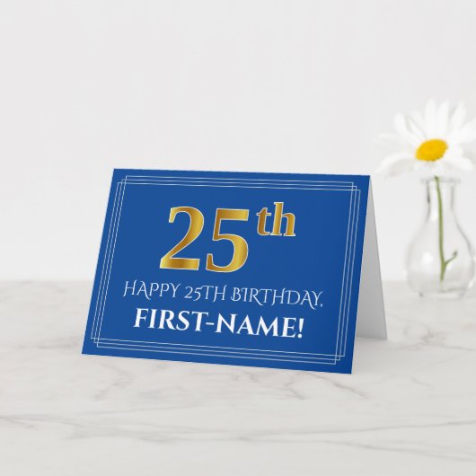 Elegant Faux Gold Kijk 25th Birthday, naam (blauw) Kaart (Kleine Plant)