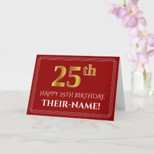 Elegant Faux Gold Kijk "25th" Birthday, naam (rood Kaart
