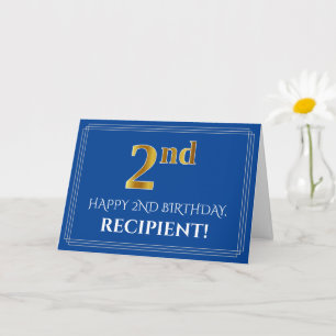 Elegant Faux Gold Kijk 2e verjaardag, naam (blauw) Kaart