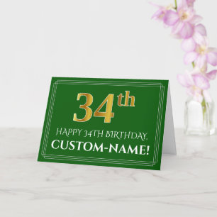 Elegant Faux Gold Kijk 34th Birthday, naam (groen) Kaart