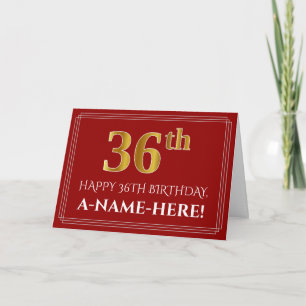 Elegant Faux Gold Kijk "36th" Birthday, naam (rood Kaart
