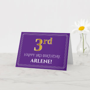 Elegant Faux Gold Kijk 3rd Birthday, naam; Paars Kaart