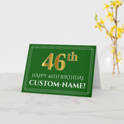 Elegant Faux Gold Kijk 46th Birthday, naam (groen) Kaart (Gele Bloem)