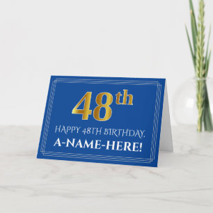 Elegant Faux Gold Kijk 48th Birthday, naam (blauw) Kaart