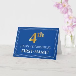 Elegant Faux Gold Kijk 4th Birthday, naam (blauw) Kaart
