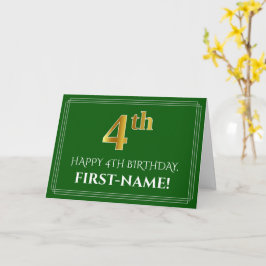 Elegant Faux Gold Kijk 4th Birthday, naam (groen) Kaart
