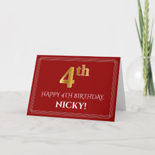 Elegant Faux Gold Kijk "4th" Birthday, naam (rood) Kaart
