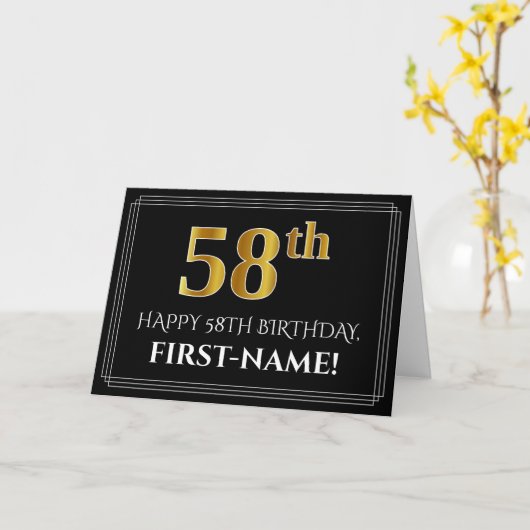 Elegant Faux Gold Kijk "58th" Birthday + naam Kaart (Gele Bloem)