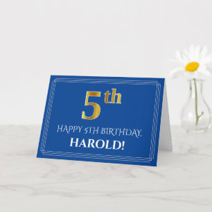 Elegant Faux Gold Kijk 5th Birthday, naam (blauw) Kaart