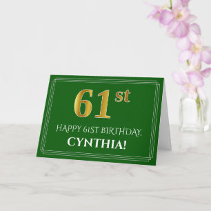 Elegant Faux Gold Kijk 61st Birthday, naam (groen) Kaart