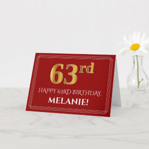 Elegant Faux Gold Kijk "63rd" Birthday, naam (rood Kaart