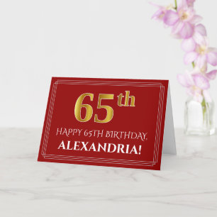 Elegant Faux Gold Kijk "65th" Birthday, naam (rood Kaart