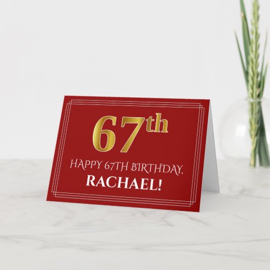 Elegant Faux Gold Kijk "67th" Birthday, naam (rood Kaart (Voorkant)
