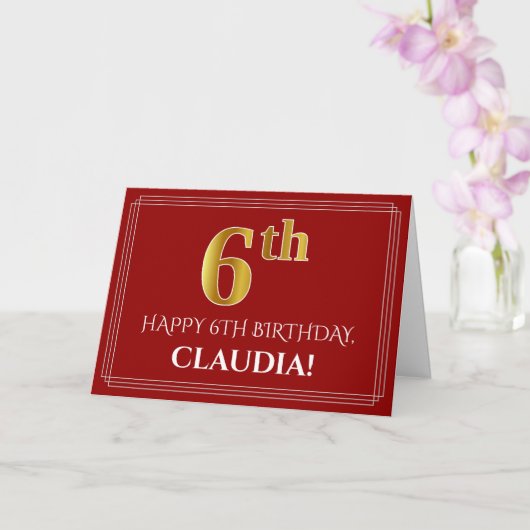 Elegant Faux Gold Kijk "6th" Birthday, naam (rood) Kaart (Orchidee)
