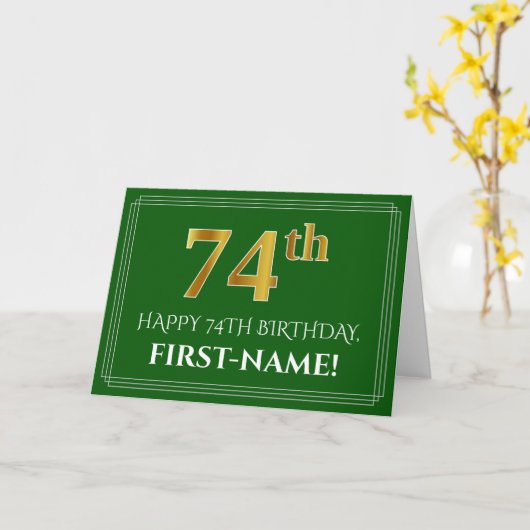 Elegant Faux Gold Kijk 74th Birthday, naam (groen) Kaart (Gele Bloem)