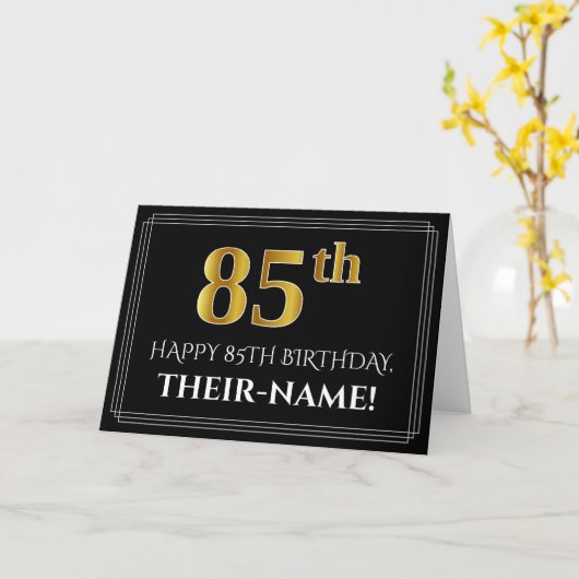 Elegant Faux Gold Kijk "85th" Birthday + naam Kaart (Gele Bloem)