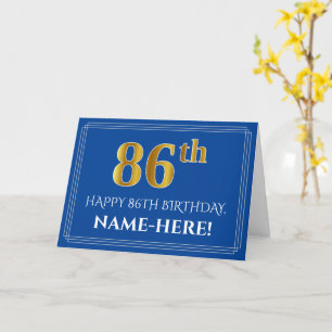 Elegant Faux Gold Kijk 86th Birthday, naam (blauw) Kaart