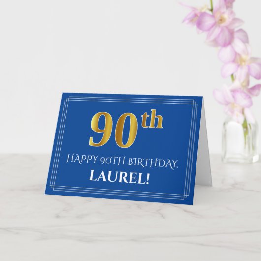 Elegant Faux Gold Kijk 90th Birthday, naam (blauw) Kaart (Orchidee)