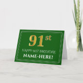 Elegant Faux Gold Kijk 91st Birthday, naam (groen) Kaart (Voorkant)